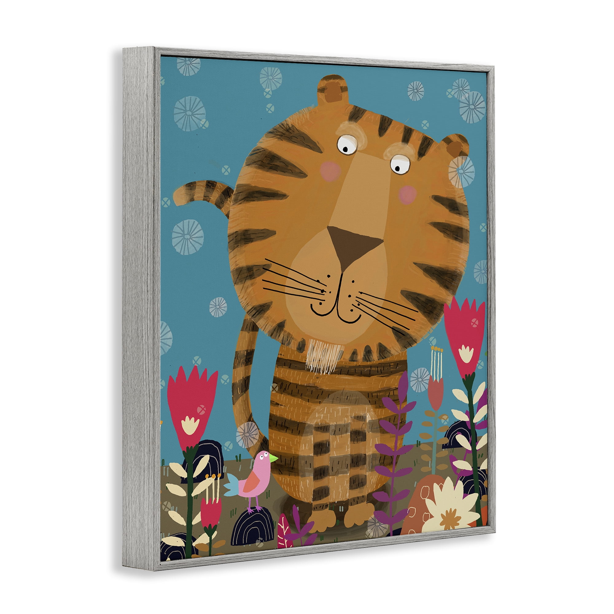 Stupell Industries Boho Tiger & Flowers Gray Framed Giclee Art, design by Carla Daly