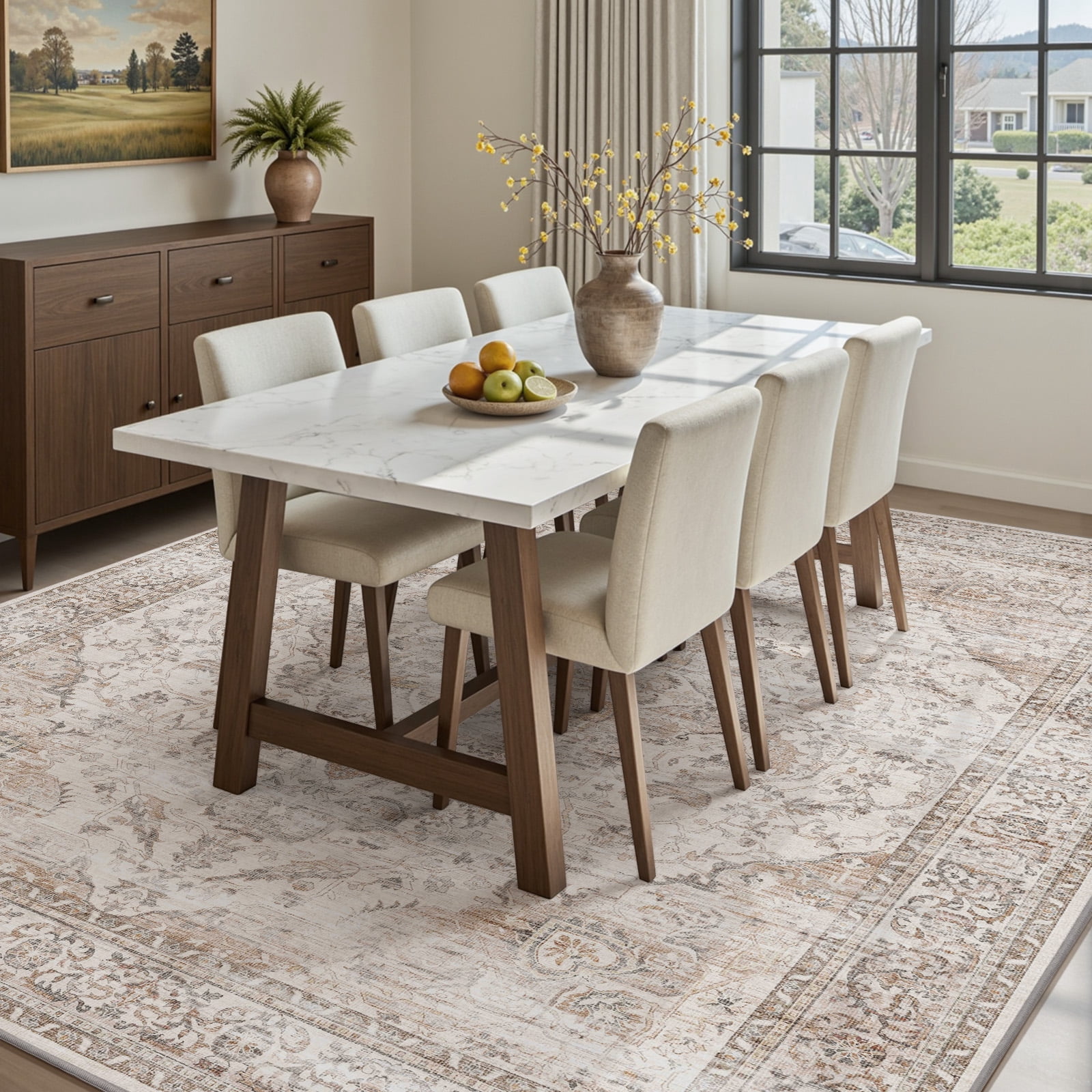SIXHOME 5'x7' Area Rugs for Living Room Washable Vintage Medallion Rug Oriental Floral Distressed Carpet Ultra Soft Indoor Rugs for Bedroom Dining Room Retro Home Decor Beige