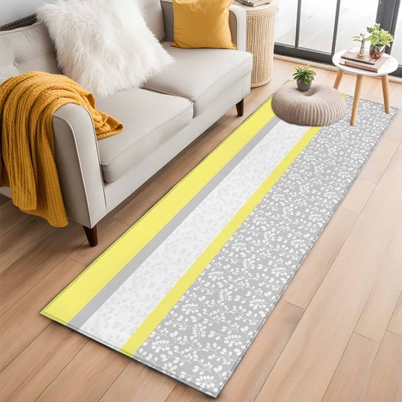Yellow Grey Kitchen Runner Rug 2x6 Washable Runners for Hallway Non Slip Chic Garden Floral Stripe Embroidery Design Large Area Rug Indoor Floor Carpet for Bathroom Laundry Entryway Bedroom
