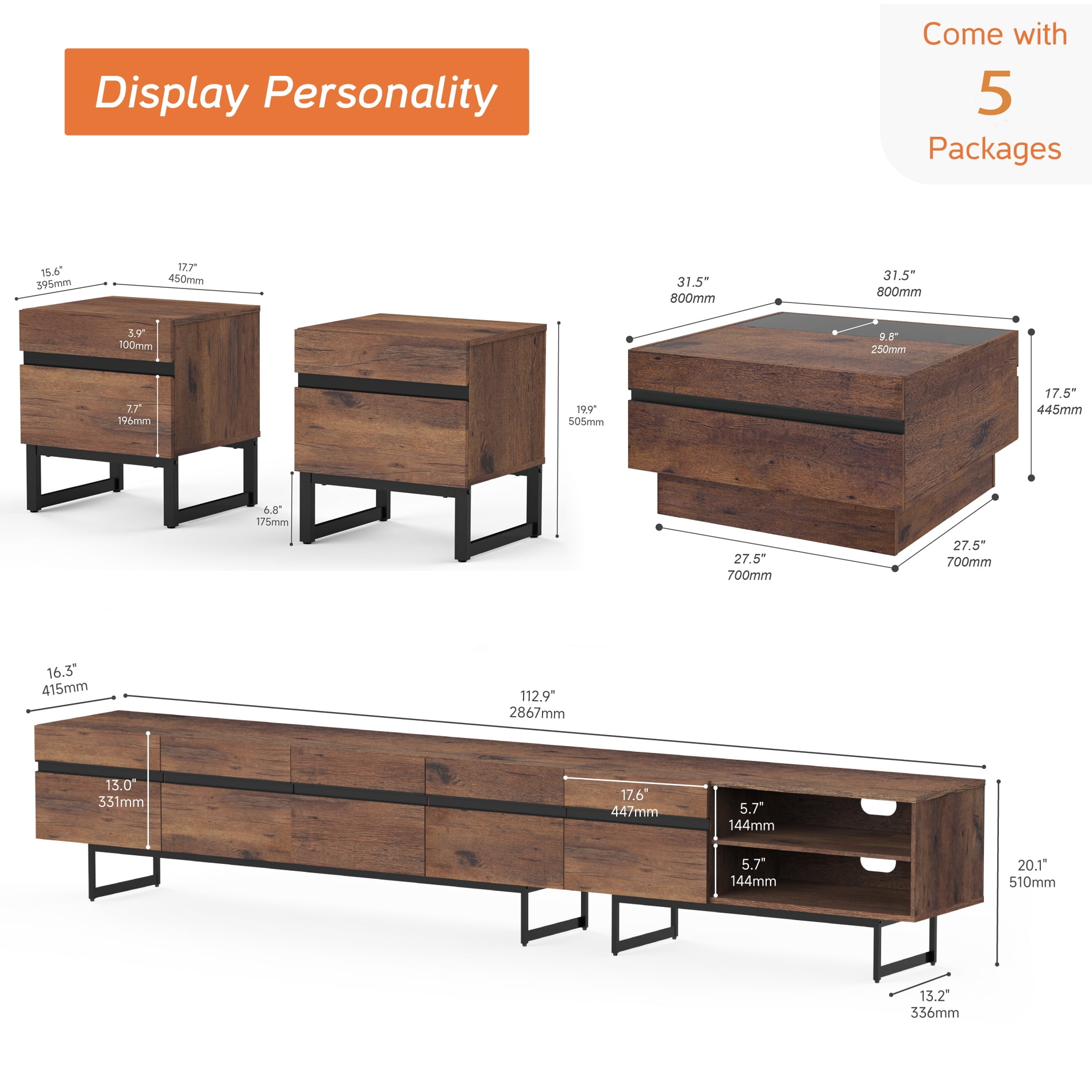 Farmhouse 4-Piece Living Room Furniture Set, 70 Inch TV Stand, 1 Square Top Coffee Table, 2 End Tables with Drawers, Modern Entertainment Center Console Table，Brown