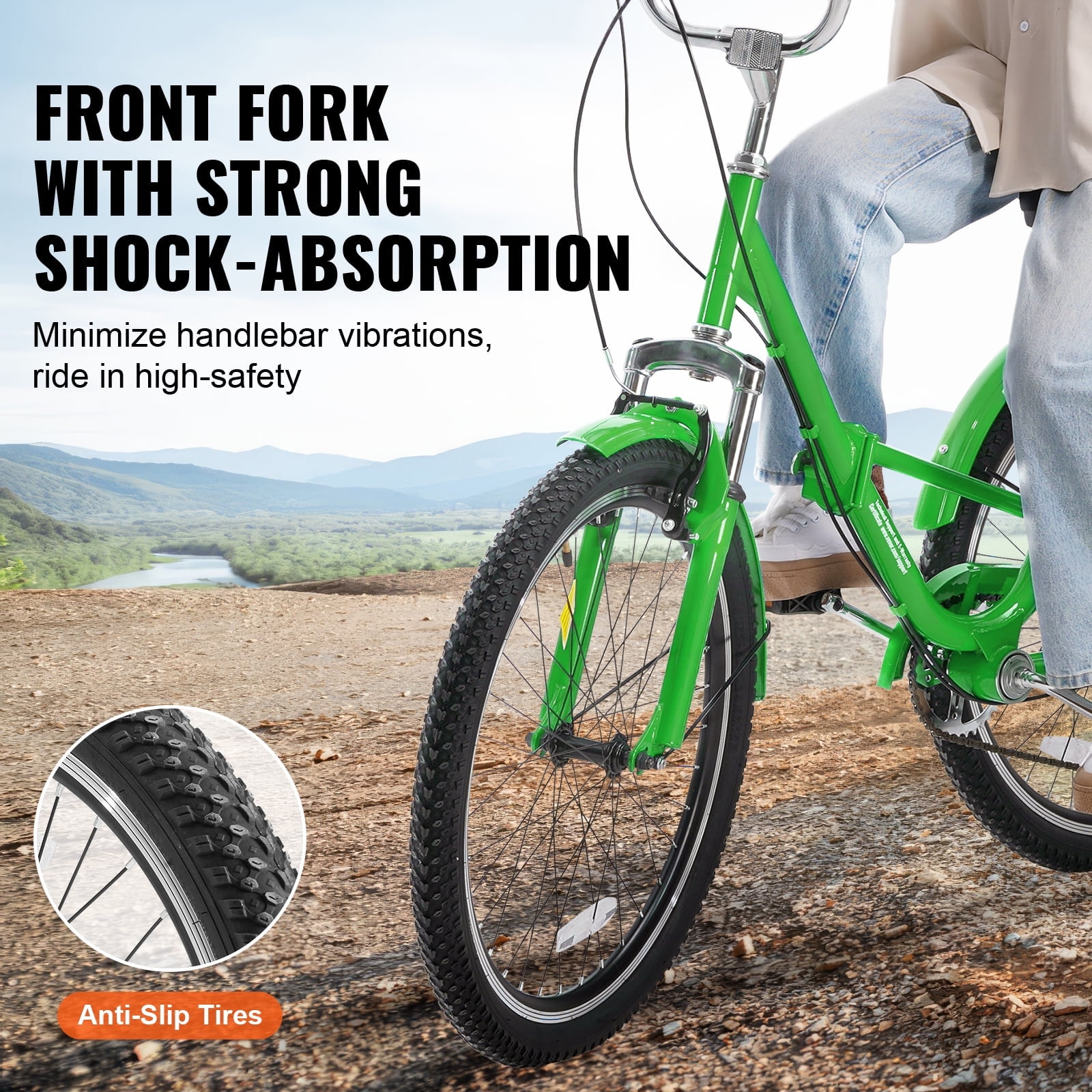 SKYSHALO Green Carbon Steel 24" 7 Speed Folding Tricycle with Basket