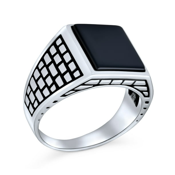 Personalize Retro Classic Elegant Cobble Stone Brick Accent Black Onyx Gemstone Rectangle Signet Ring for Men Heavy Oxidized .925 Sterling Silver