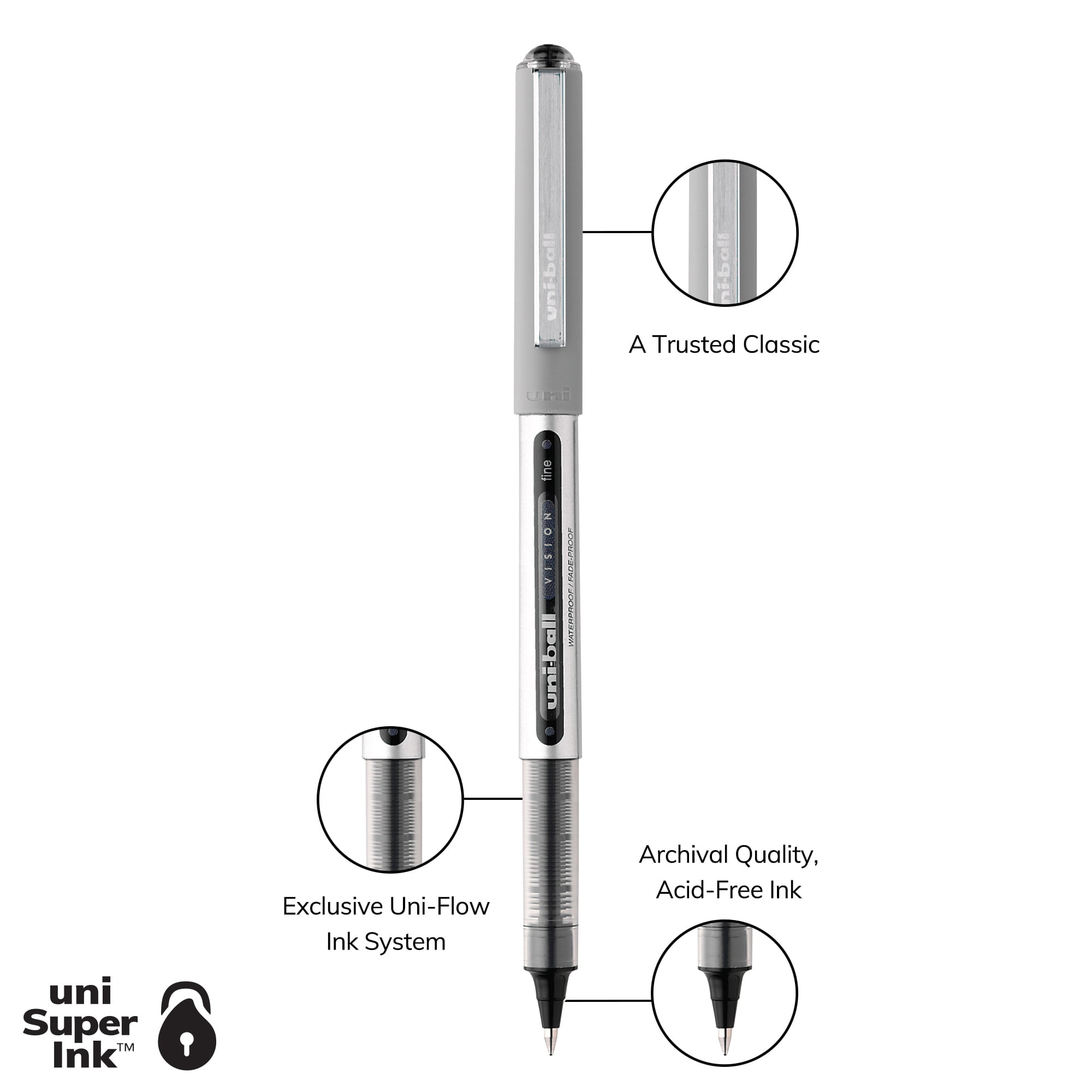 uniball Vision Rollerball Pens, Fine Point (0.7mm), Black Ink, 36 Count