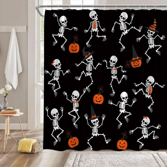 Halloween Skull Shower Curtain Spooky Black Skull Skeleton Ghost Pumpkin Funny Gothic Day of The Dead Happy Halloween Horror Fabric Bathroom Decor Curtain with Hooks