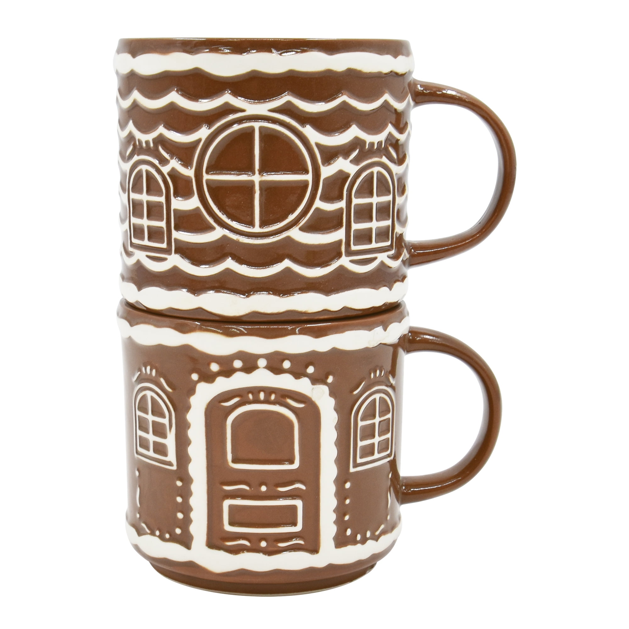 Holiday Time 2 pack Stoneware Gingerbread House Stackable Mug, Brown, Festive Drinkware