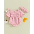 thumbnail image 5 of FEORJGP Infant Baby Girl 2 Piece Summer Outfits Newborn 3M 6M 9M 12M 18M Bubble Short Sleeve Romper Square Neck Bodysuit Solid Color Ruched Jumpsuit wband Set Toddler Casual Princess Clothes, 5 of 9