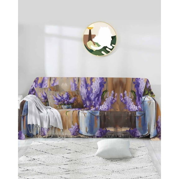 Purple Lavender Sofa Covers for 3 Cushion Couch,Washable Sectional & L Shape Couch Covers for Dog/Cat/Kid,Farmhouse Abstract Oil Painting Flower Non Slip Sofa Slipcover Tassel Futon Cover 71x150