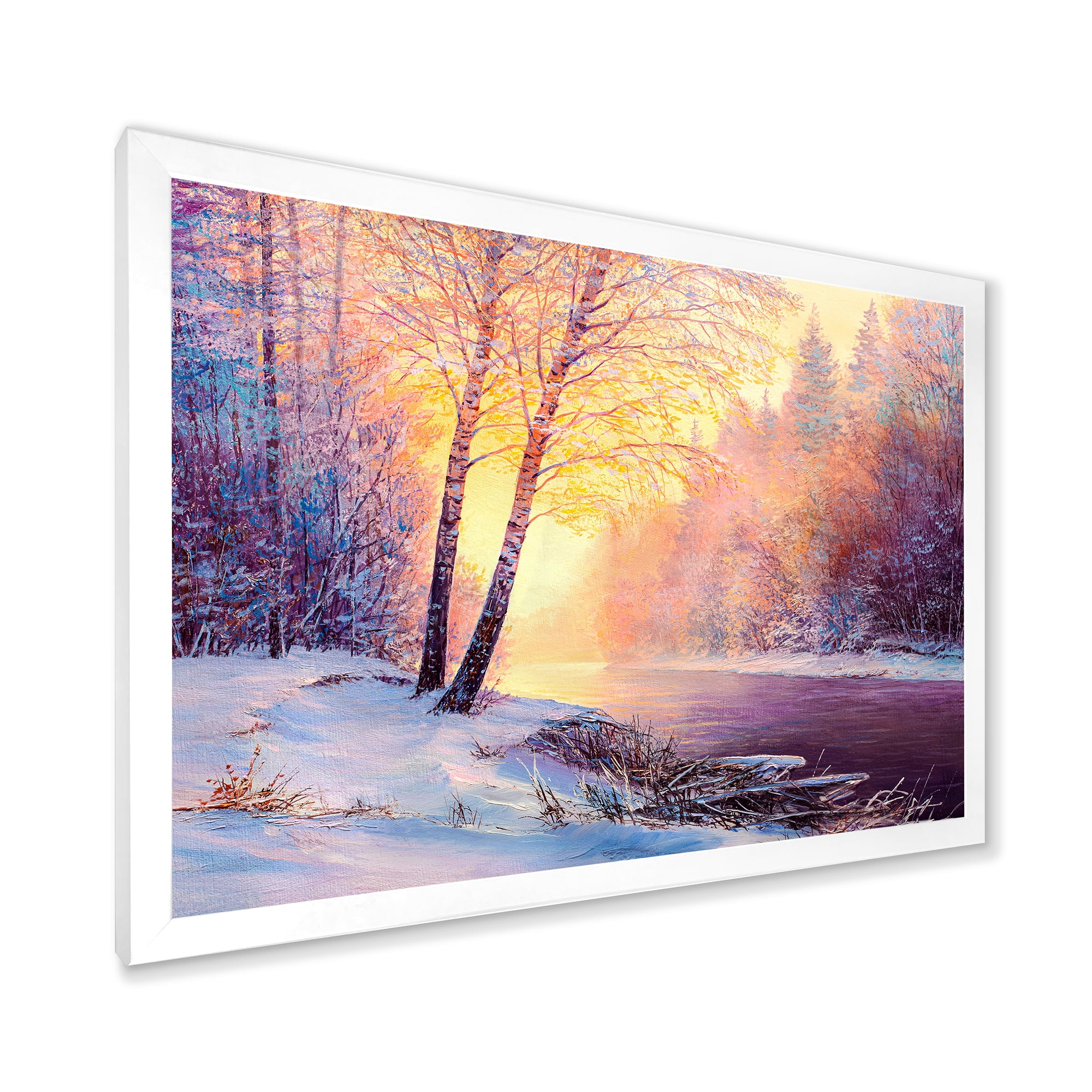 Bridge Of Meandering River With Winter Scenery II 40 in x 30 in Framed Painting Canvas Art Print, by Designart
