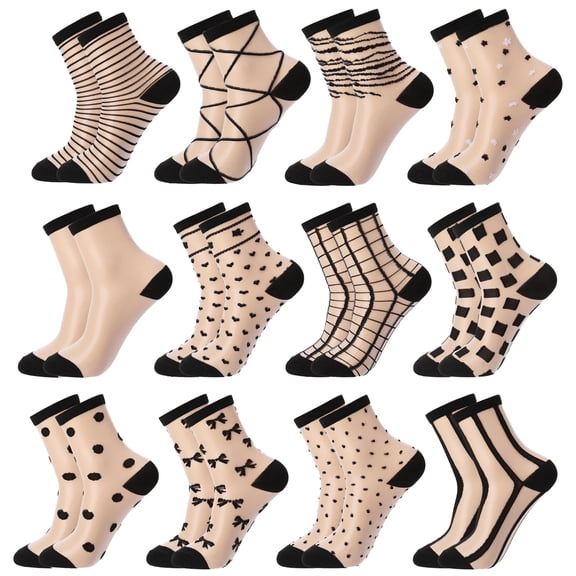 Bocaoying 12 Pack Women's Sheer Socks, Nylon Lace Mesh Ankle Socks with Reinforced Heel and Toe, See-Through Dress Socks for Women, Size5-9, Fancy Thin Socks Fits Narrow to Average Feet
