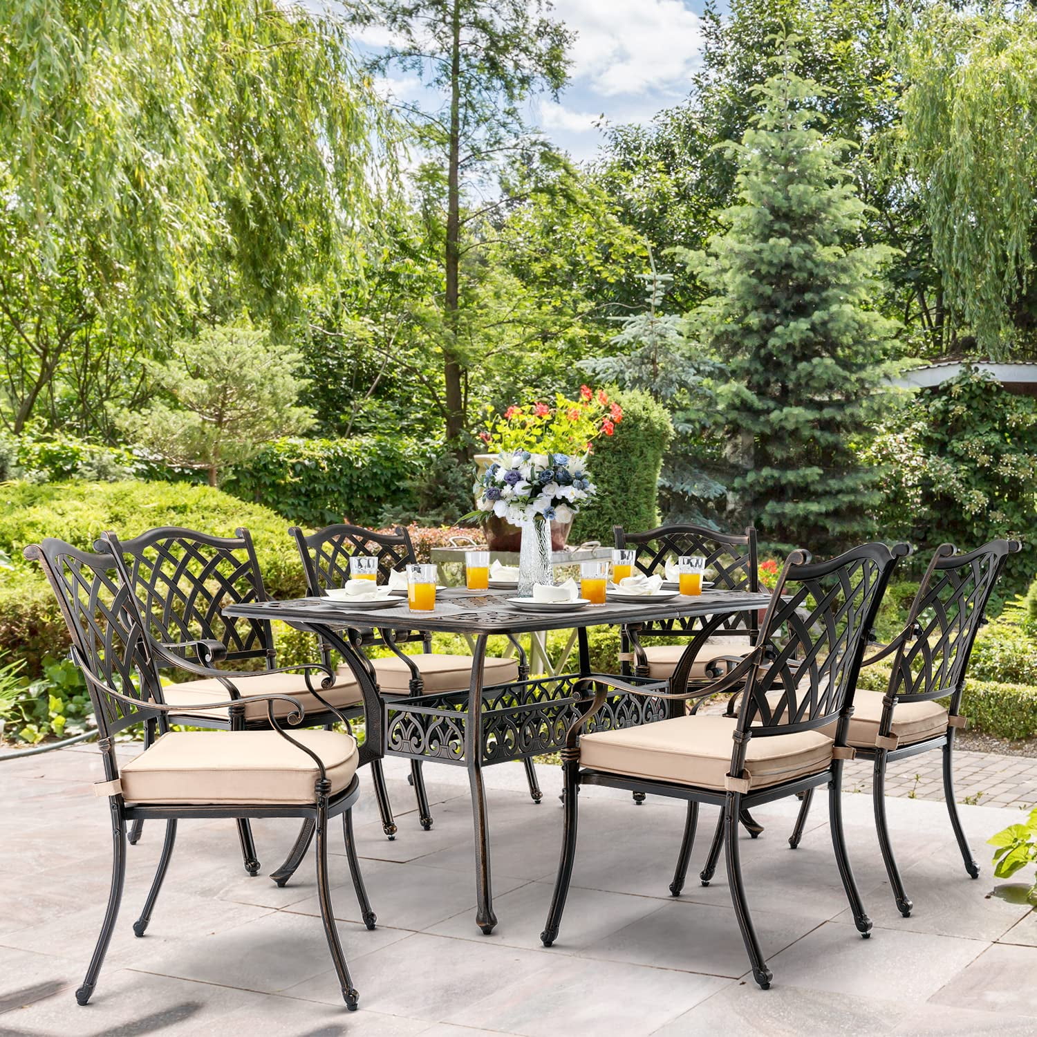 Lattice Outdoor Cast Aluminum Patio Dining 2 Chairs, Weather Resistant with Thicker Cushions for Patio, Deck, Garden
