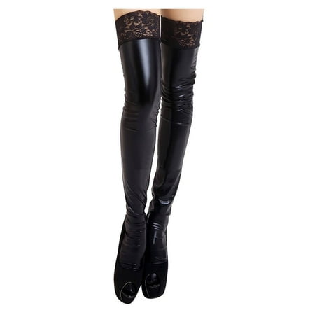 

CLZOUD Womens Ruffle Socks Black Cotton Women Patent leather Lace Stockings Shiny Shape Stockings