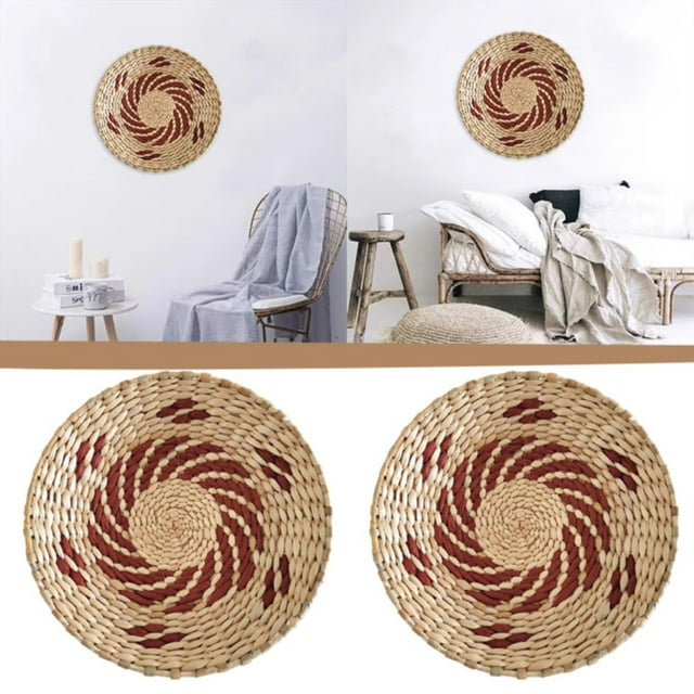 Fall Decor Celebration Wall Basket Decor Boho Wall Hanging Decor Rattan Wall Decor Flat Round Wicker Woven Macrame Tapestry Wall Basket Serving Tray Art Handmade Set For Room Bedroom Living Room