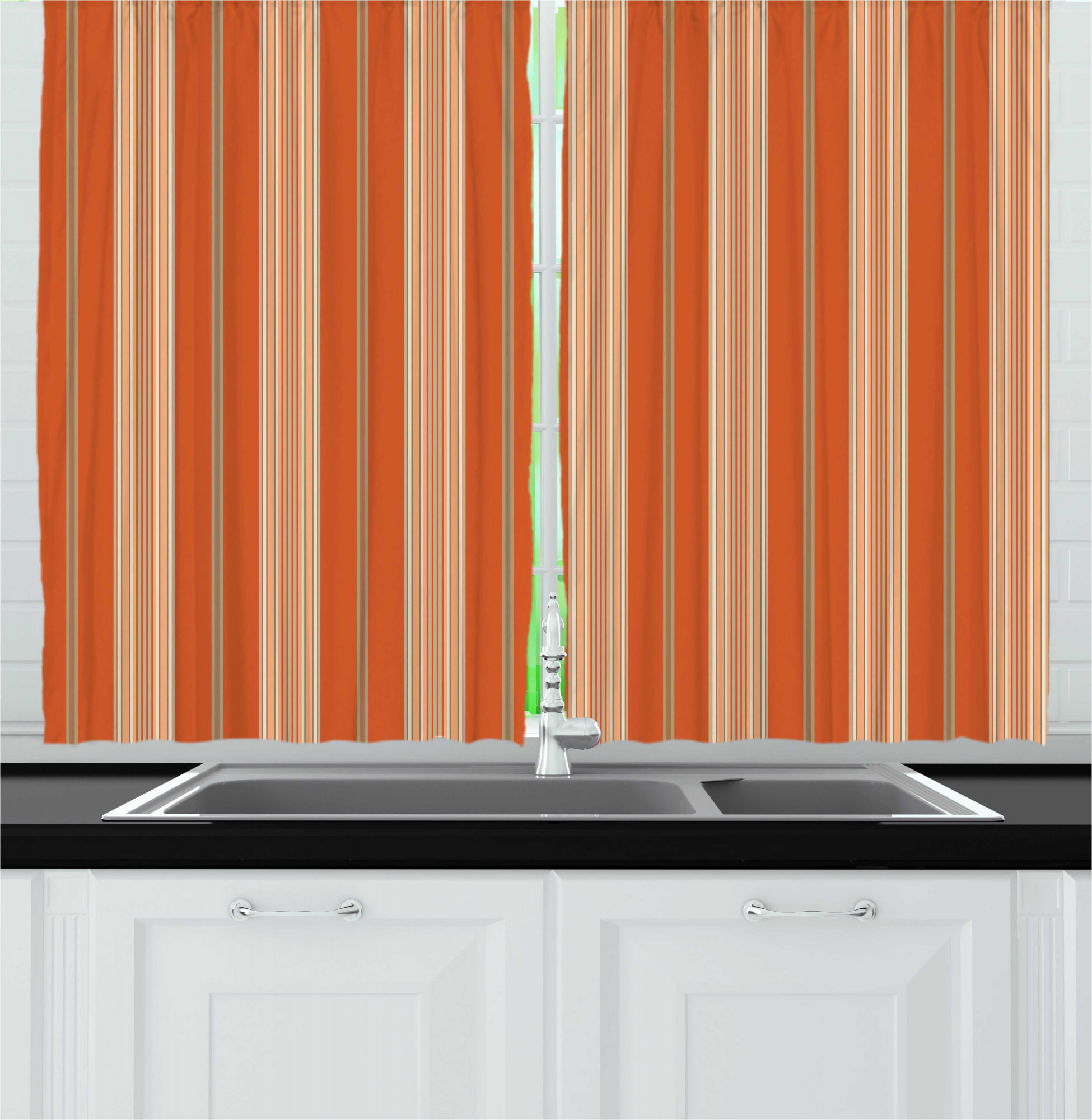 Burnt Orange Kitchen Curtains, Retro Themed Illustration of Earth Tones
