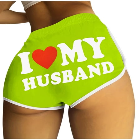 Lovskoo I Love My Husband Booty Shorts for Women Letter Printed Yoga Sport Workout Hot Pants Elastic Waist Athletic Lounge Shorts Green