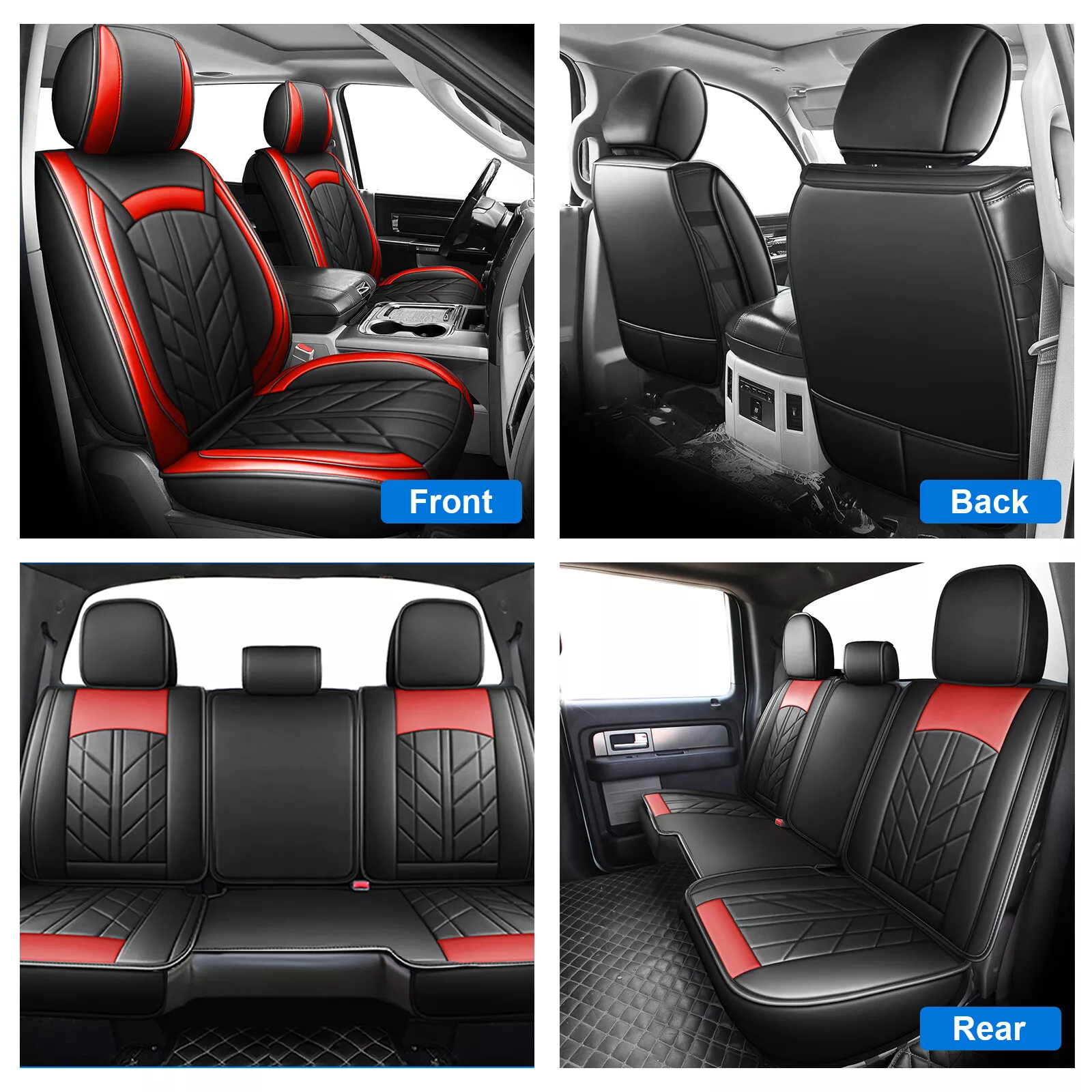 Custom Fit for Dodge Ram 1500 2500 3500 2009-2023 Car Seat Covers, Luxury Faux Leather Front Rear Seat Pickup Cushion Protector Black Red