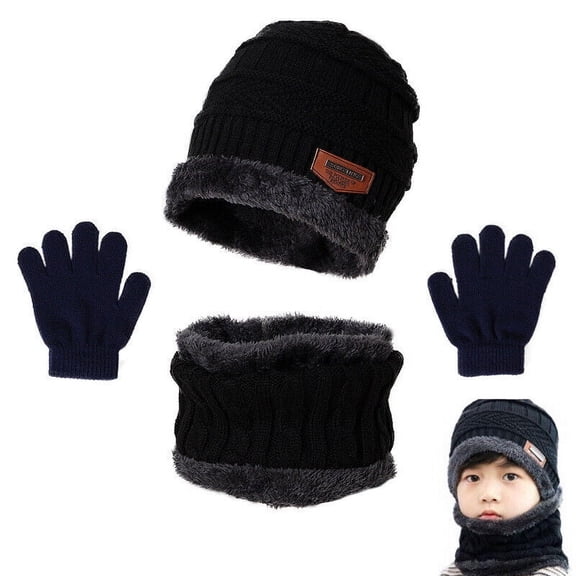 HESHENG Kids Boys Girls Winter Hat Scarf and Gloves Set Fleece Warm Knit Beanie Cap Gift for Winter Outdoor, Black