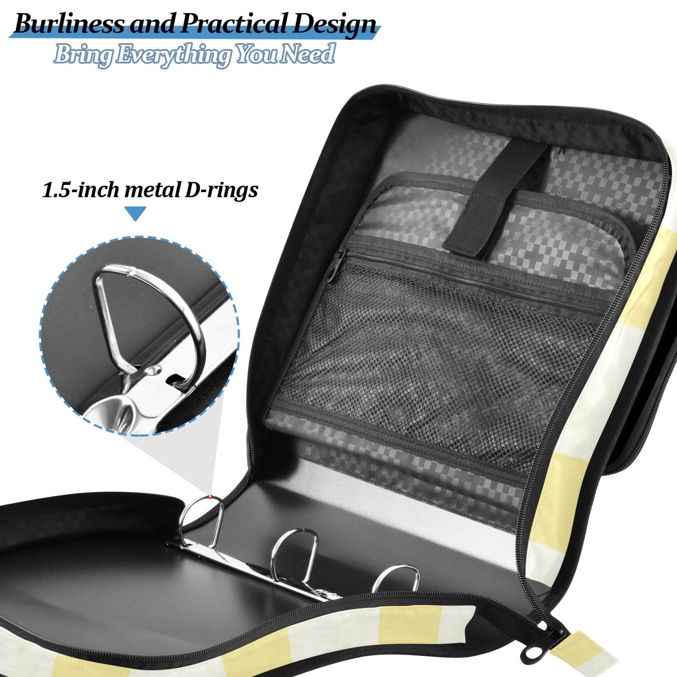 3 Ring Zipper Binder with Shoulder Strap Waterproof Trapper Keeper 2 Inch D-Ring 500 Sheets Capacity Light Yellow and Off-white Striped