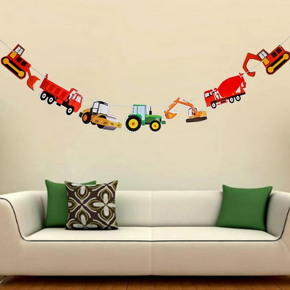 KALLORY 2Pcs Construction Trucks Birthday Banner Cartoon Style Paper Wall Decoration for Kids Party 11.4X5.1X0.04in
