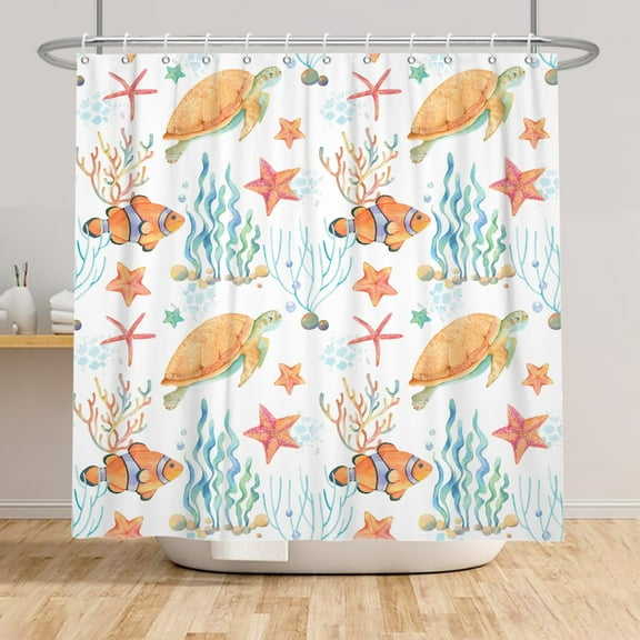 SUNOLIFE Beach Theme Shower Curtain,Ocean Nautical Coastal Waterproof Fabric Bathroom Curtain with Hooks,72x72 in
