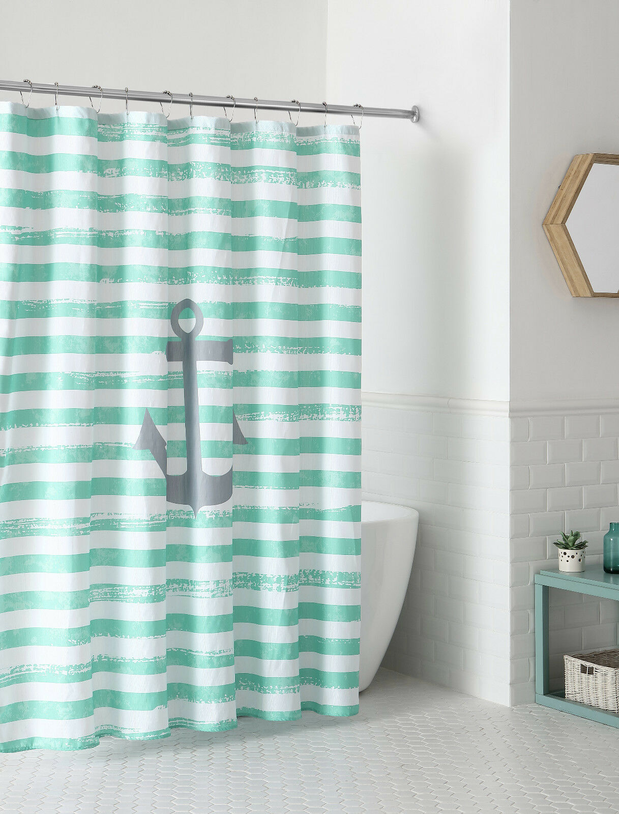 Coastal Chic Aqua Striped With Anchor Fabric Shower Curtain & Hooks Set