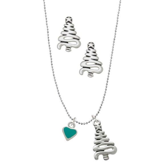 Delight Jewelry Silvertone Mini Two Sided Teal Heart Silver tone Zig Zag Christmas Tree Charm Necklace and Stud Earrings