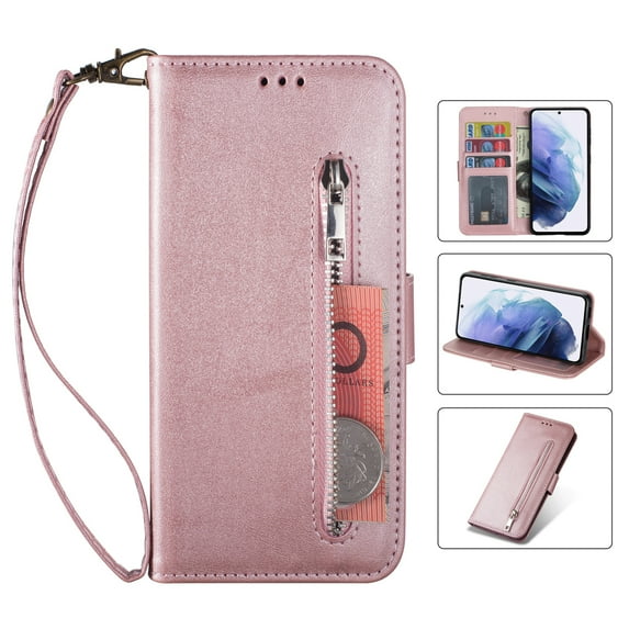 for Samsung S22 Ultra Case Wallet, Galaxy S22 Ultra Card Pocket Case for, PU Leather Kickstand Wrist Strap Zipper Card Holder Case for Samsung Galaxy S22 Ultra, Rosegold