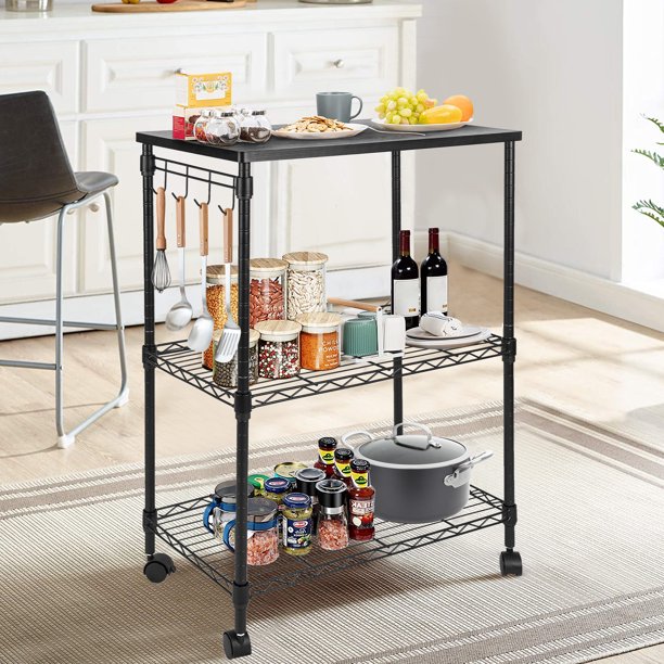 Rustic Kitchen Cart with Wheels and Storage, 3 Tier Metal Rolling