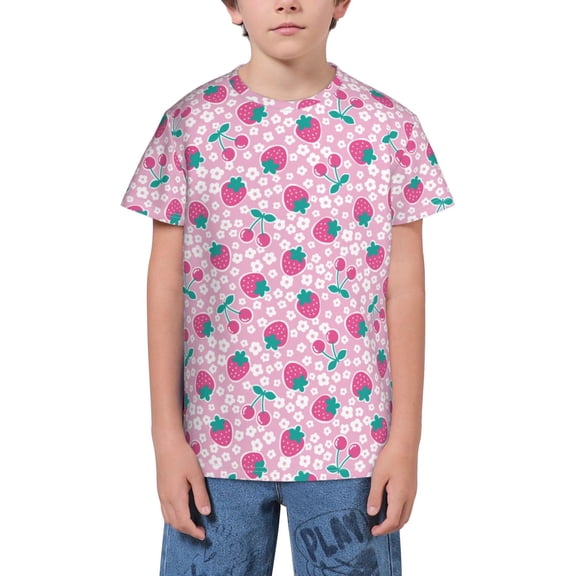 Fuzoiu Cherry Strawberry Print Youth Short Sleeve T-Shirt,Youth Dry-Fit Active Athletic T-Shirt,Short Sleeve Tops Tees for School, Sports, and Casual Wear