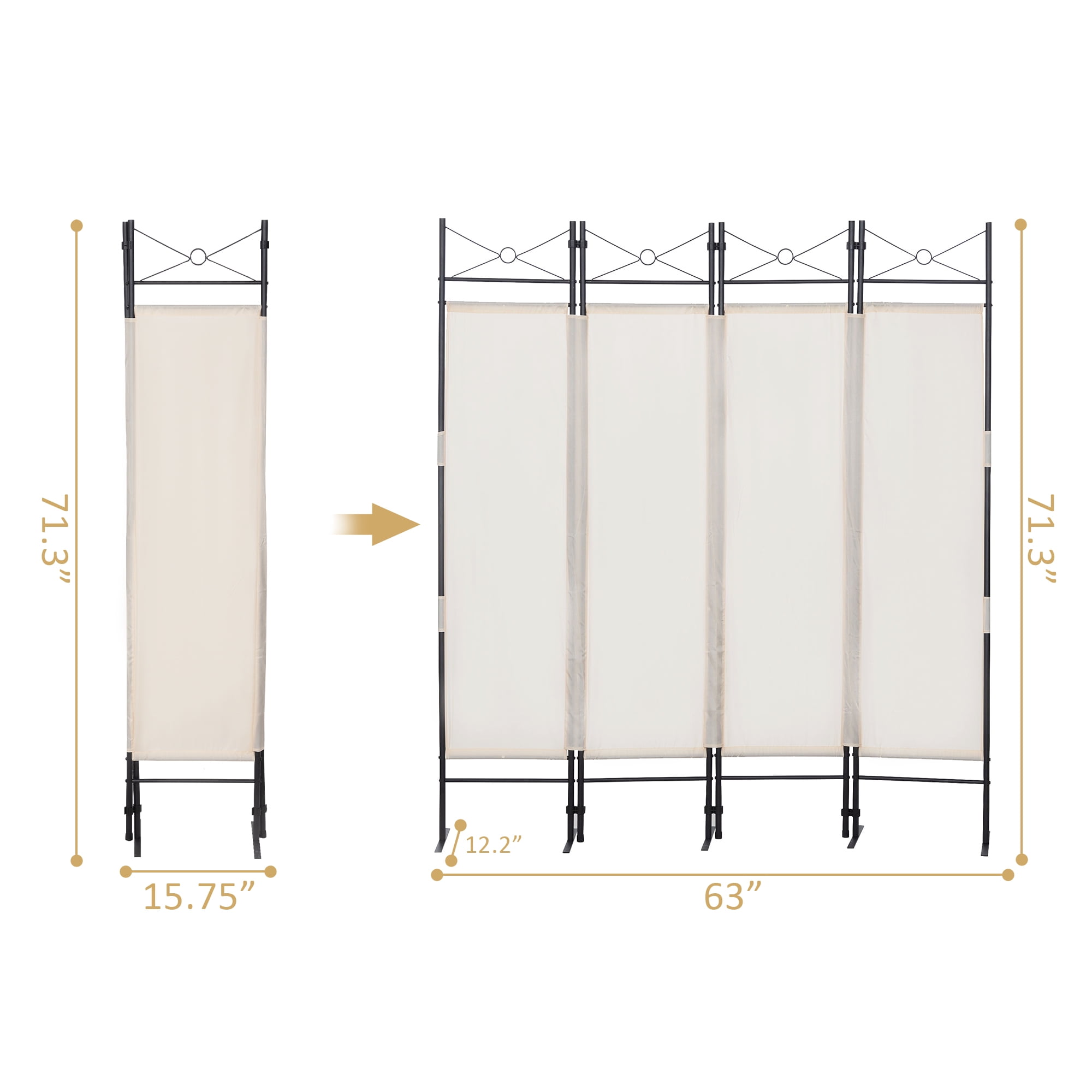 Kadyn 4 Panel Partition Room Separators Black, Folding Indoor Divider for Home, Office Room Divider for Living Room, Beige