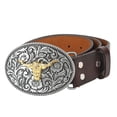 thumbnail image 4 of Cinturón vaquero occidental para hombre, de cuero, ajustable, estilo retro vintage, con estampado de toro, hebilla informal para uso diario, color marrón, 115 cm/45,3 pulgadas, 4 of 14