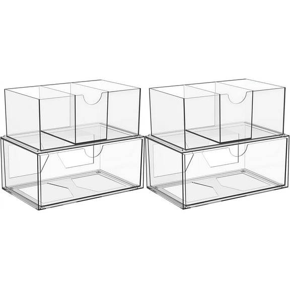 4 Pack Large Stackable Storage Drawers,Acrylic Bathroom Kitchen Cabinet Undersink Makeup Organizer With 2 Pack Divider.