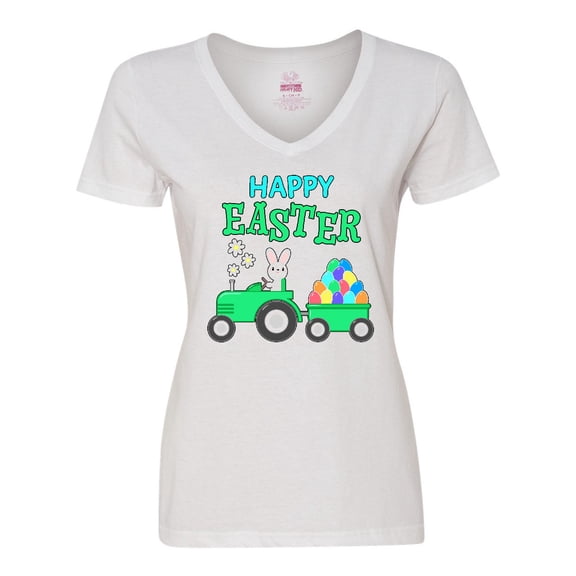 Inktastic Happy Easter bunny and tractor Women's V-Neck T-Shirt