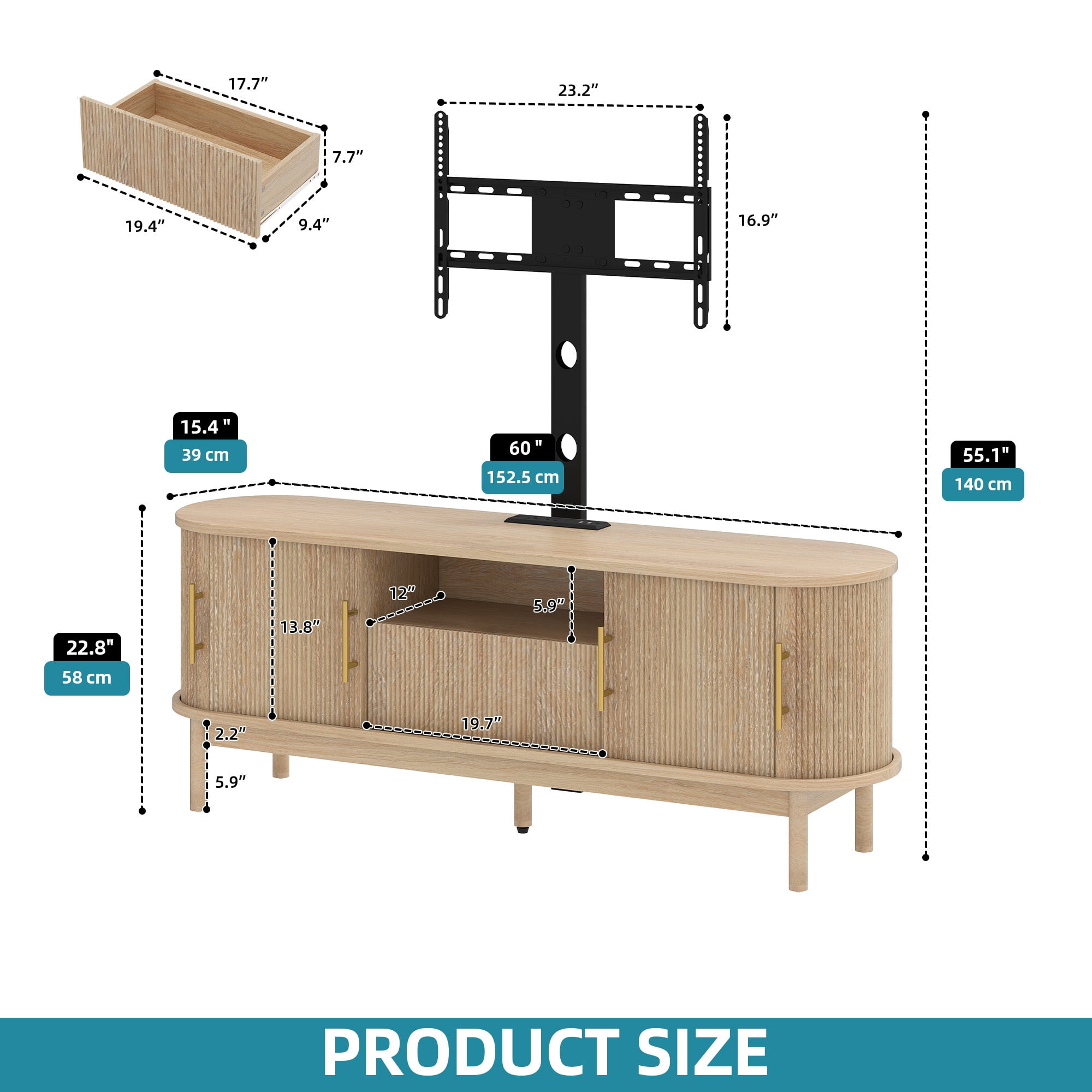 Uforic 60 Inch Modern Fluted TV Stand with Adjustable TV Mount, Fits 32-70 Inch TVs, for Living Room, Beige