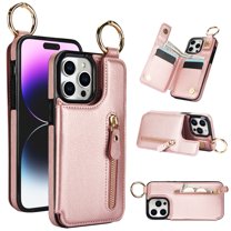 Wallet Case for iPhone iPhone 16 Pro Max, Premium Vintage PU Leather Magnetic Closure Handbag Zipper Pocket Case Kickstand Card Holder Slots with Ring Hook Shockproof Flip Cover, Rosegold