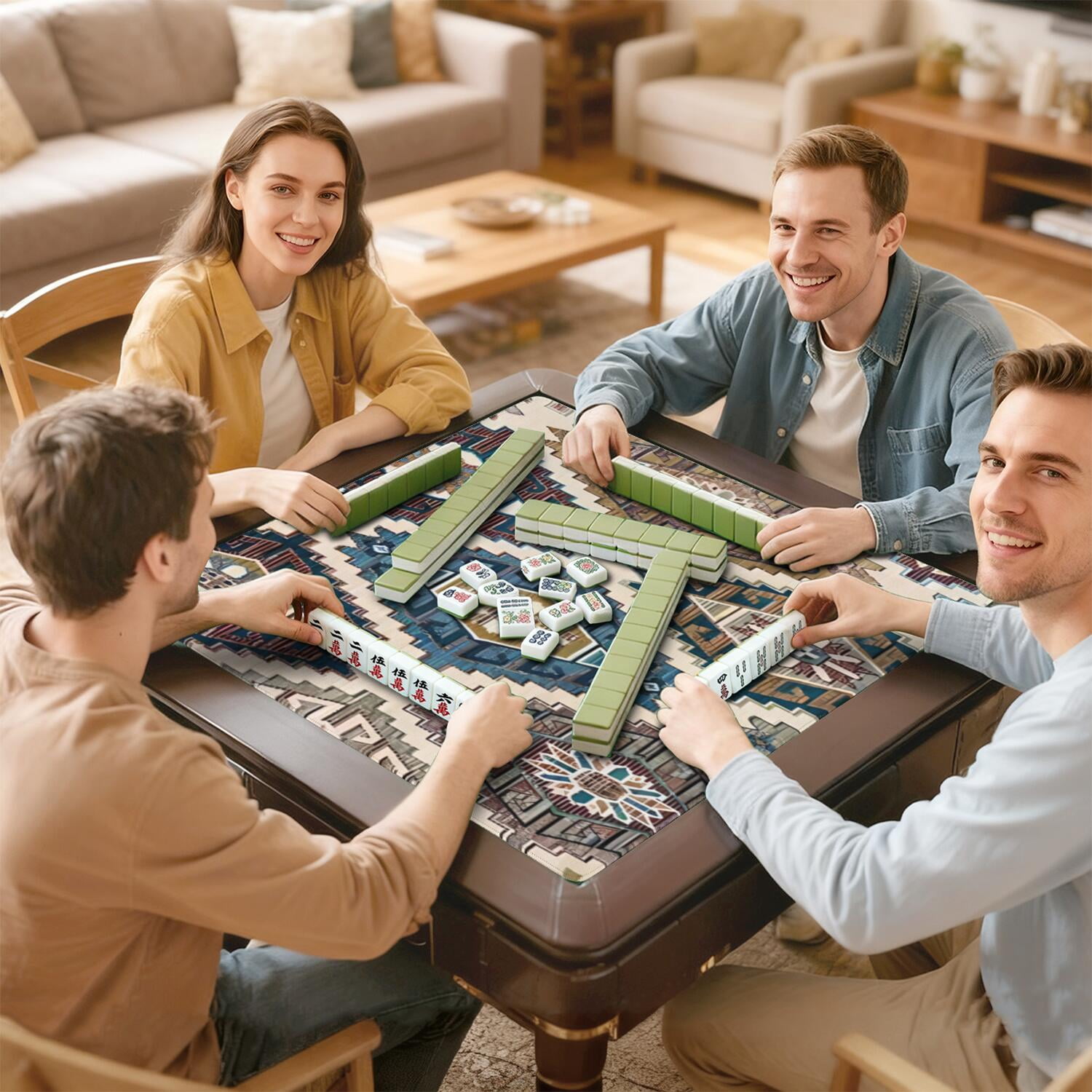 Traditional Boho Style Rubber Mahjong Table Cover 31.5x31.5 Inch Large Mat Features Non-Skid Bottom for Stability and Noise Reduction for Tiles and Games