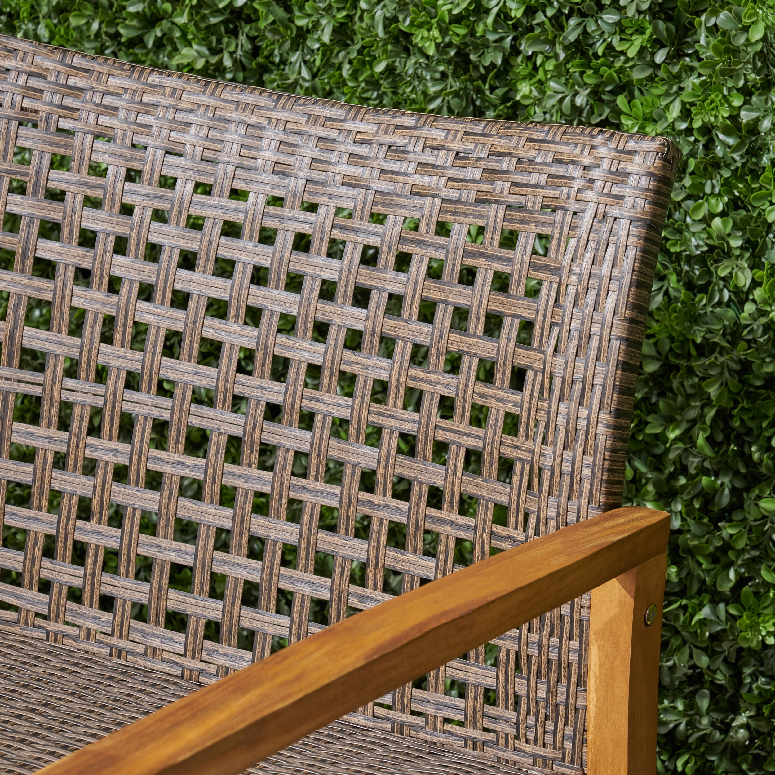 Outdoor Wood Woven Combined Double Seat Loveseat, Mixed Material Leisure Sofa for Patio Garden, Multi Brown and Gray