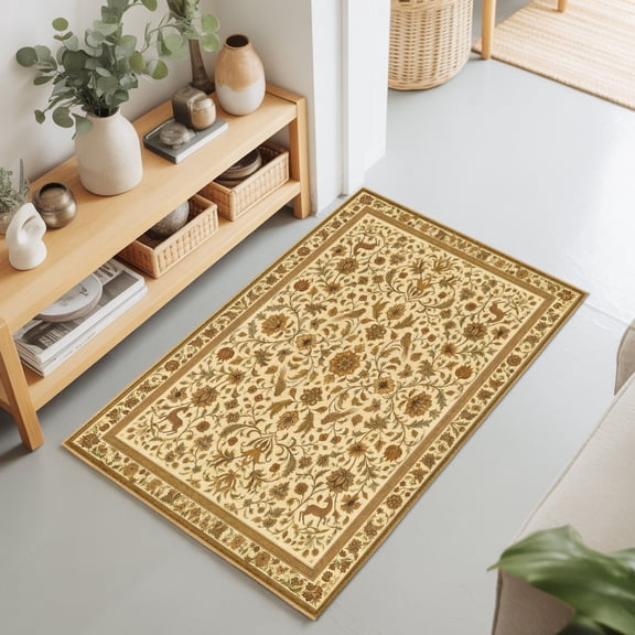 2x3 Ft Entryway Area Rug, Beige Brown Floral Boho Kitchen Rug Runner Washable Floor Mat, Ethnic Tribe Vintage Abstract Art Non Slip Indoor Door Mat Throw Carpet for Bathroom Living Room Bedroom