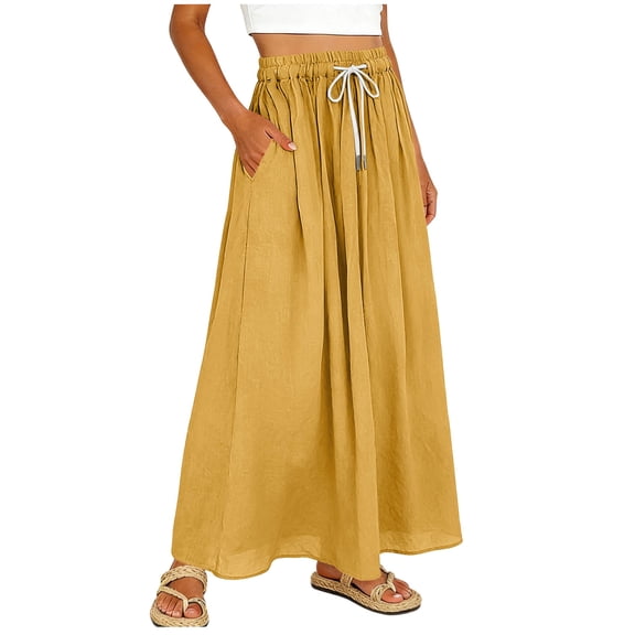 ZToonmas Women's High Waist Drawstring Maxi Skirt Elastic Waist Flowy A-Line Long Skirt with Pockets for Casual Summer