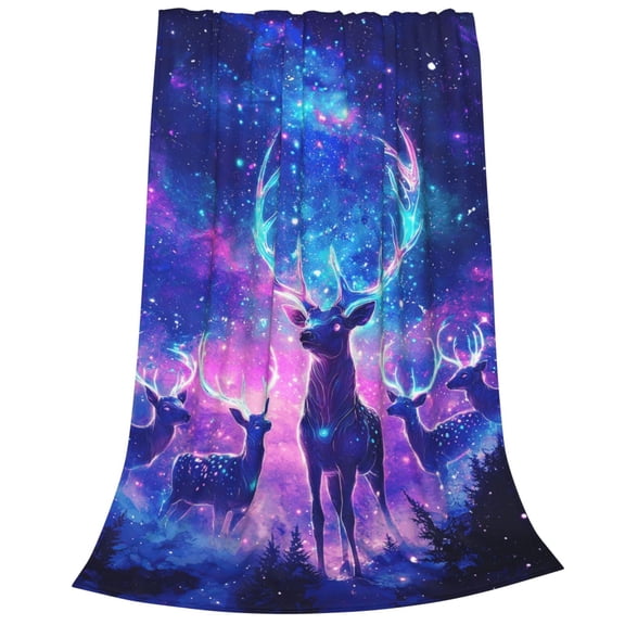 Starry Night Forest Deer Flannel Fleece Throw - Ethereal Galaxy Animal Blanket for Living Room Bed, Fantasy Decor 50x40