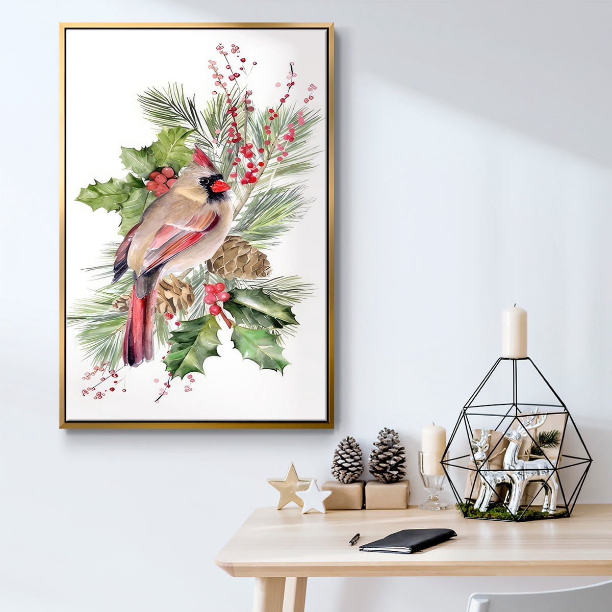Cardinal Holly Christmas Collection B - Framed Gallery Wrapped Holiday Canvas - 17 x 25 - Gold Frame