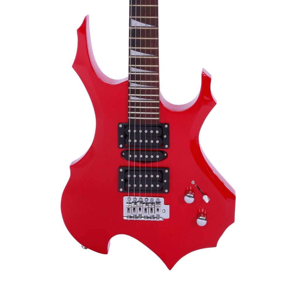 Private Jungle Novice Flame Shaped Electric Guitar, 6 String Beginners Guitar with Carrying Bag, Red