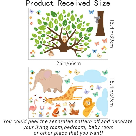 Cartoon Animals Wall Decals Tree Stickers Watercolor Elephant Wall Stickers Giraffe Nursery Vinyl Wall Art Koala Sticker Lion Decor Fox Flamingo Art for Room Classroom Boys Bedroom