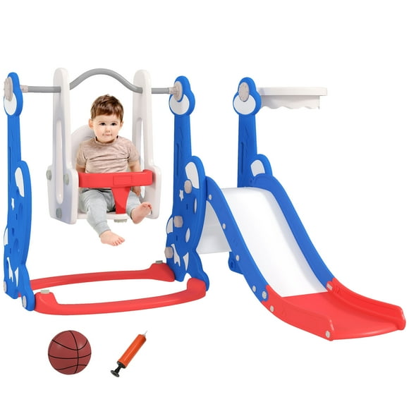 Qaba 4-in-1 Slide and Swing Set with Basketball Hoop, Climber, Dark Blue