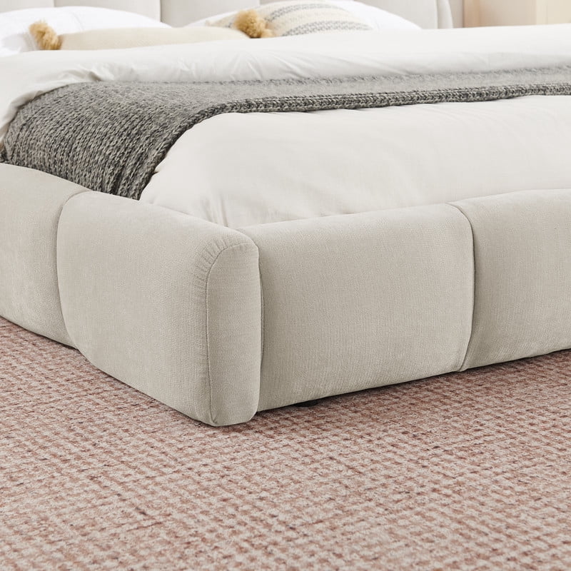 Queen/King Size Upholstered Platform Bed Frame, No Box Spring Required Low Profile Floor Bed with Padded Headboard & Footboard