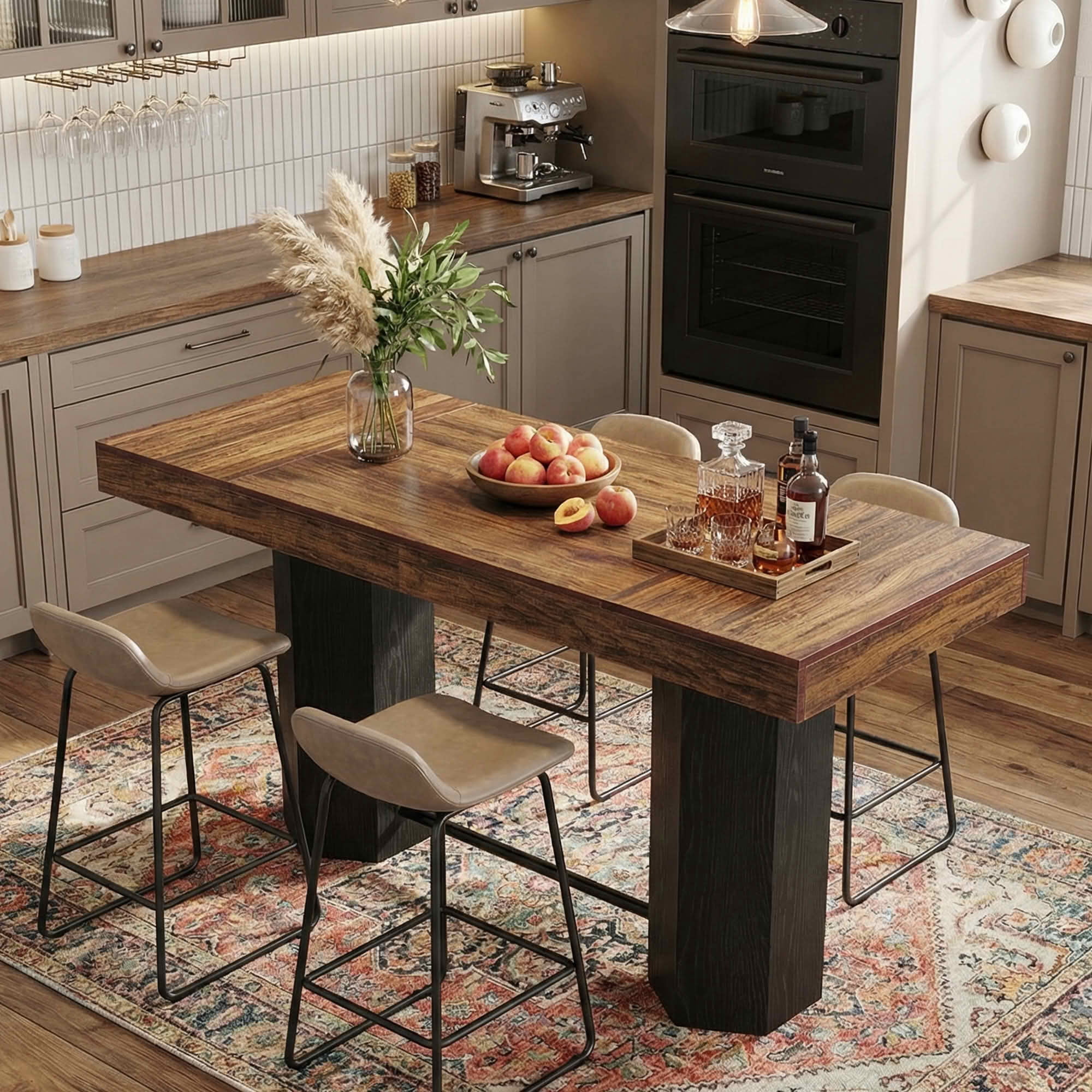 MAYEERTY 71" Industrial Bar Height Table, Walnut Woodgrain MDF Top 4-6 Person Home Bar Table with Hexagonal Base, 300lbs Capacity