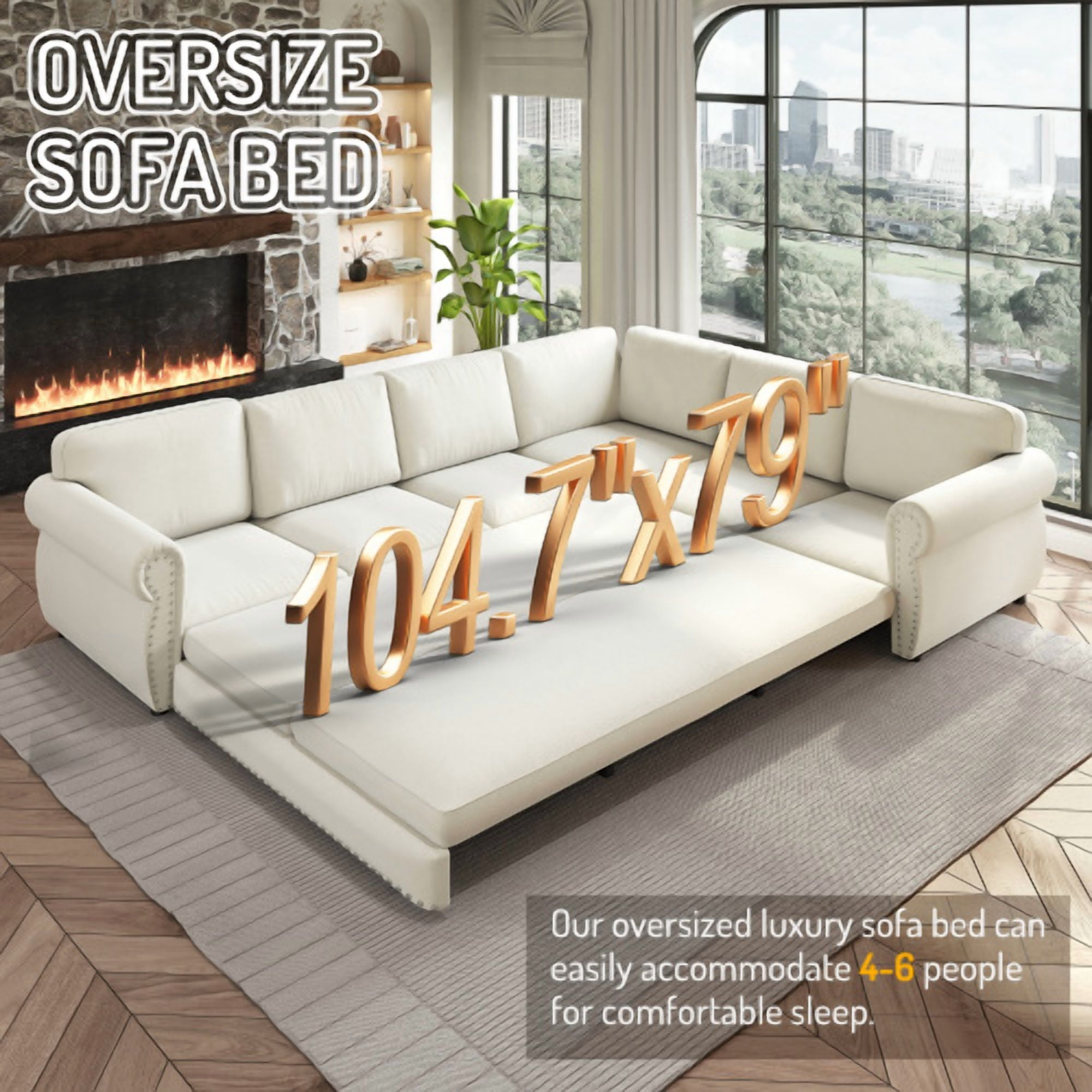 118" L-Shaped Sectional Sleeper Sofa with King Size Pull-Out Bed, Chenille Upholstered, Nailhead Trim & Rolled Arms, Beige