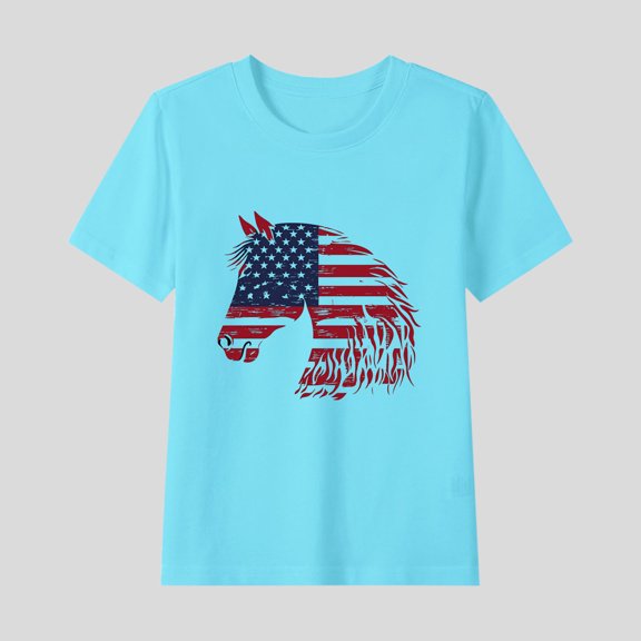 Freshbabe Boys Girls 4Th Of July American Flag Print Short Sleeve Crew Neck T-Shirt, Patriotic Casual Summer Top For Independence Day,Size2-15