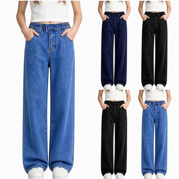 HAOTAGS Girls Jeans (2-14 Years) Adjustable Waist Pleats Pocket Casual Sporty Work 100% Denim Pants Blue Size 5T