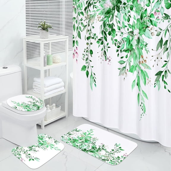 4 Pcs Teal Blue Eucalyptus Bathroom Sets with Shower Curtain and Rugs, Plant Leaves Shower Curtain Sets for Chic Bathroom Decor, Bathroom Decor Curtain Sets with Mats and Accessories