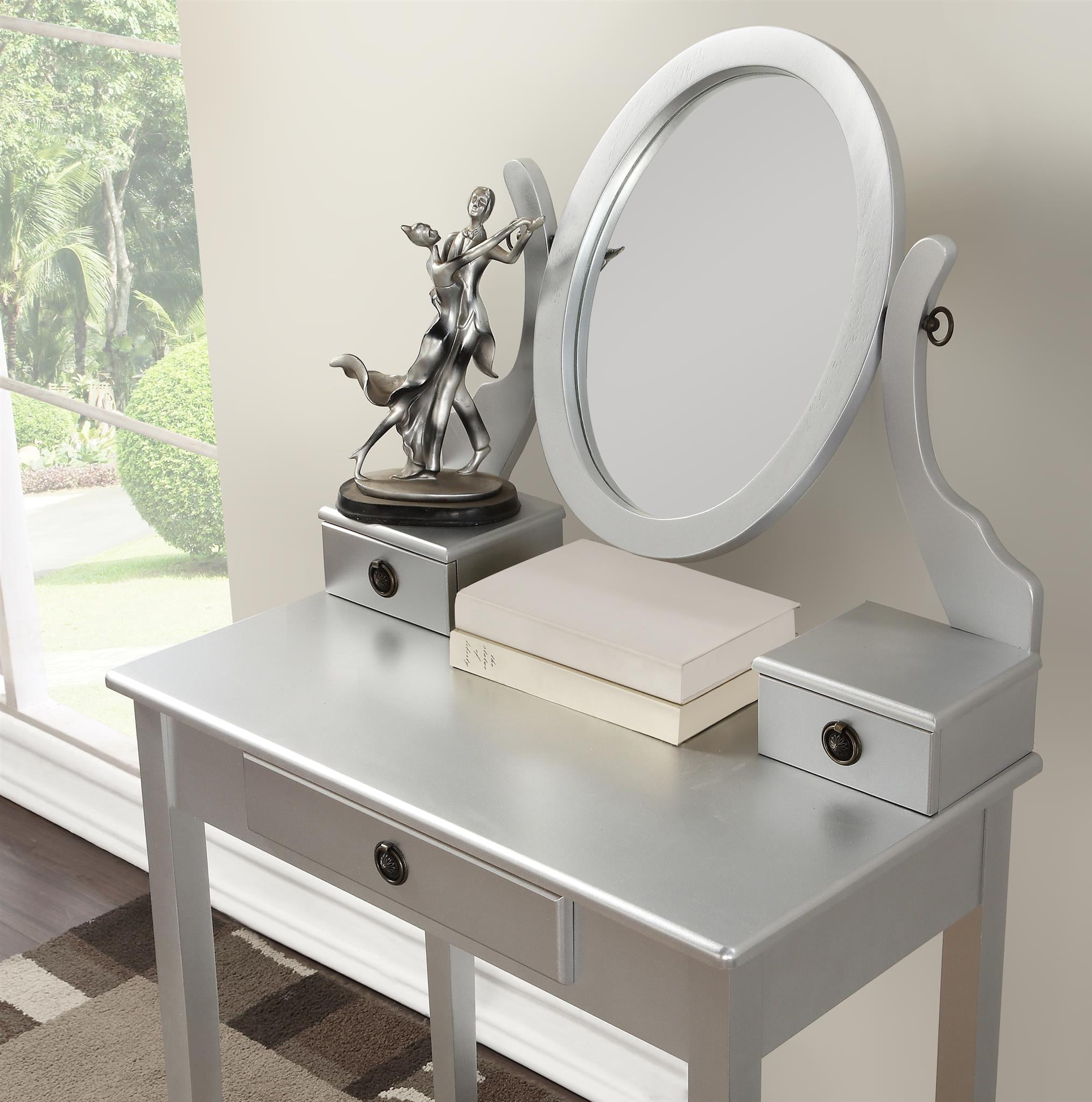 Mintazer Vanity Table Set with Adjustable Oval Mirror & Cushioned Stool, Makeup Dressing Table with 3 Drawer for Bedroom, Silver
